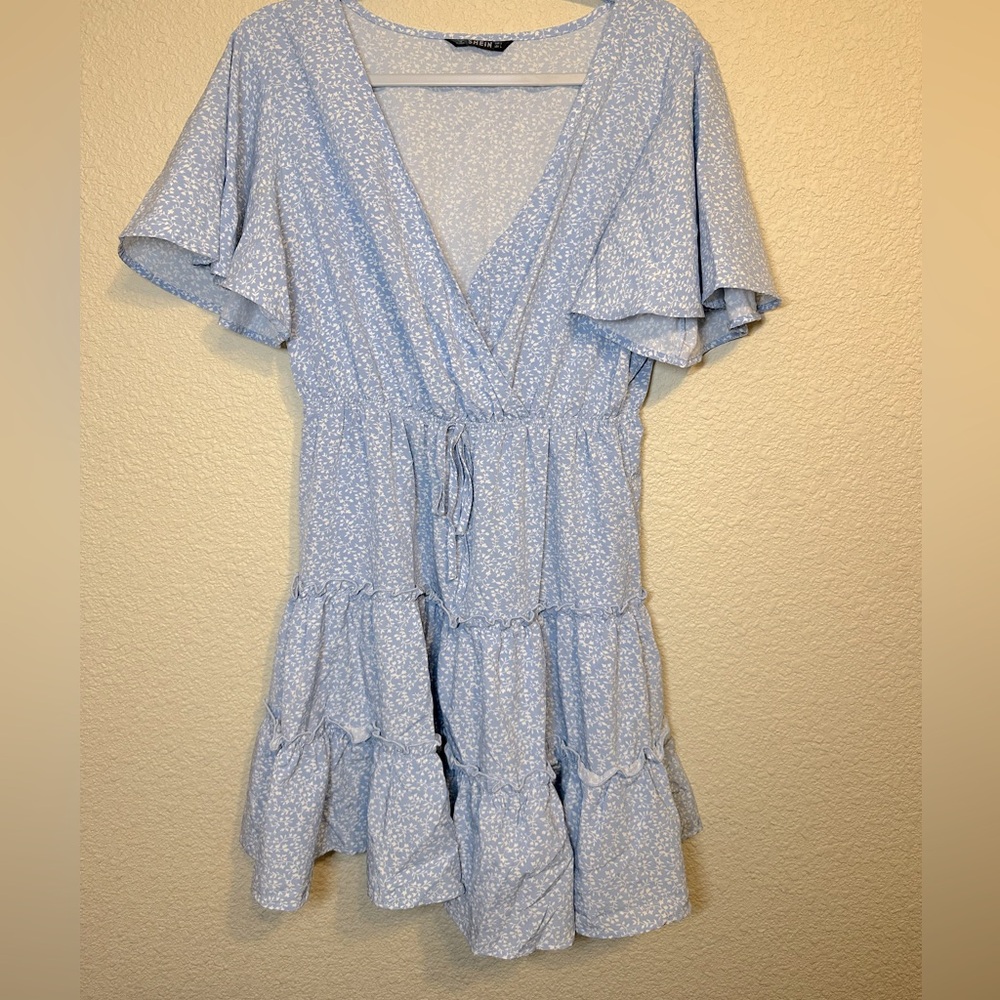 Light blue floral mini dress.